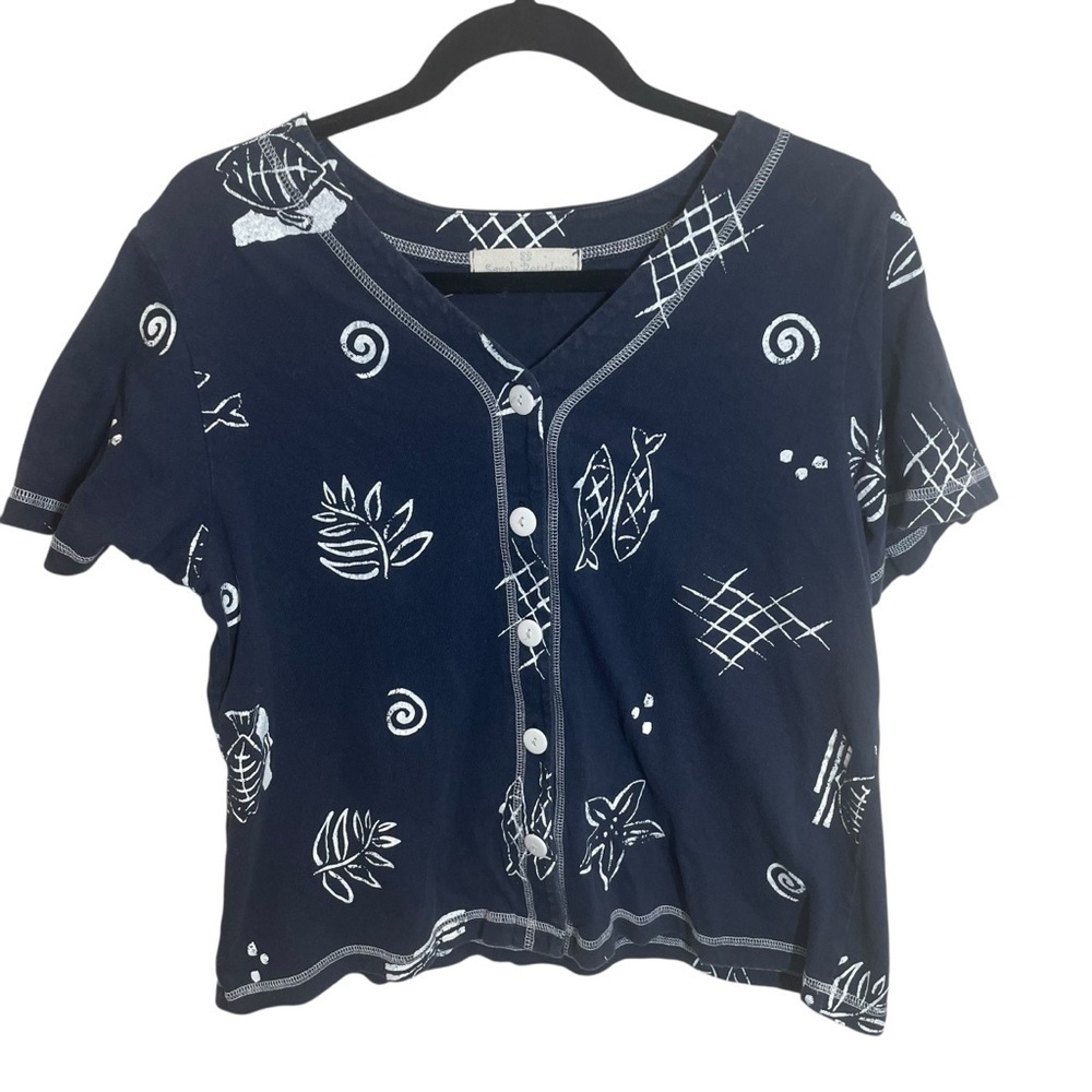 Sarah Bentley vintage 90s coastal fish shirt button up navy medium-large